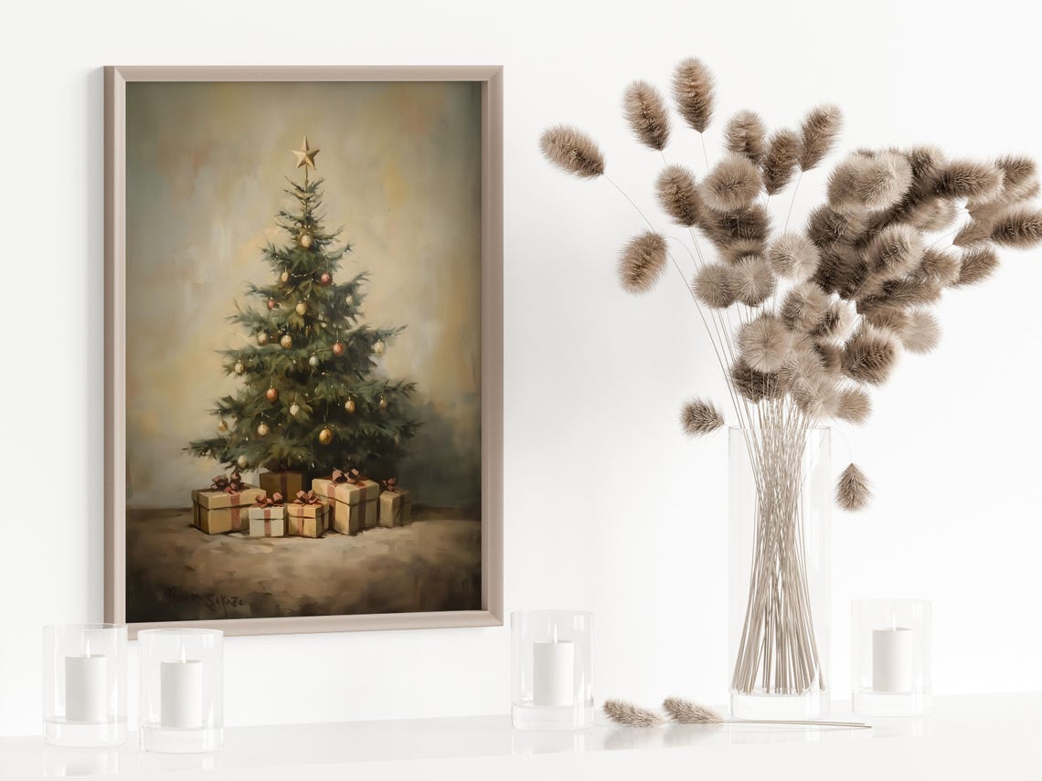 Vintage Christmas Tree Presents Oil Painting Holiday Decor Poster - Image 3