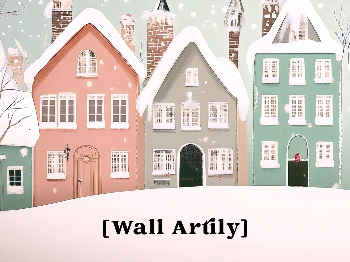 Pastel Snowy Town With Colorful Houses And Hanging Baubles Poster - Image 3