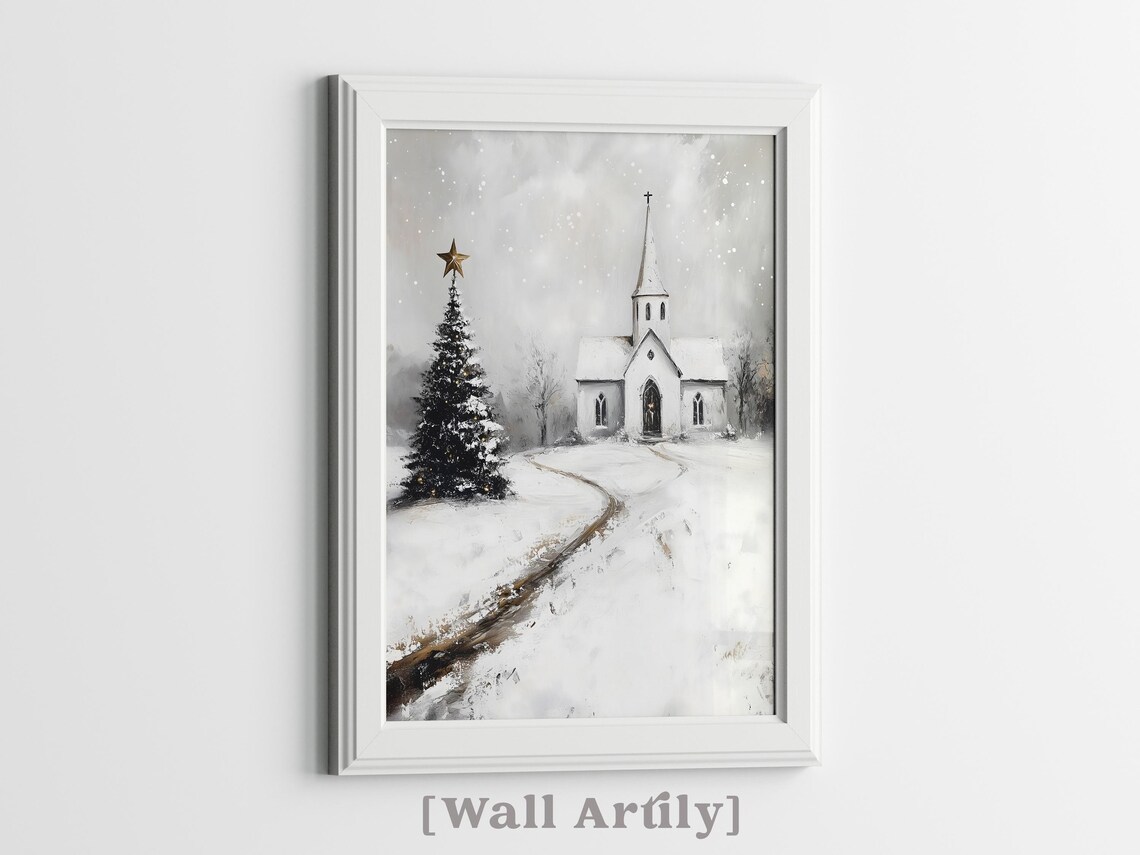 Vintage Snowy White Church And Christmas Tree Winter Painting Poster - Image 4