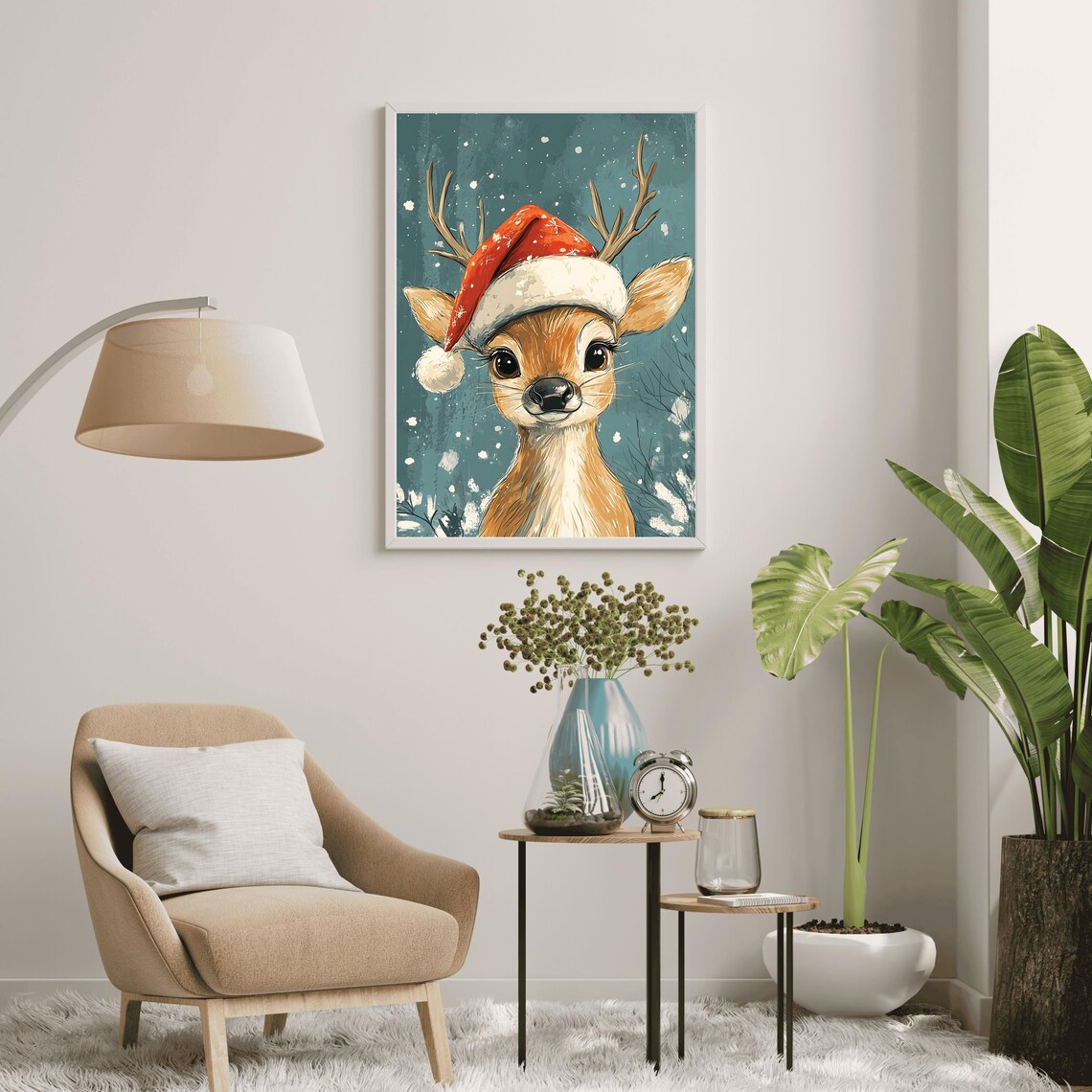 Cute Reindeer Santa Hat Christmas Snowy Woodland Animal Poster - Image 3