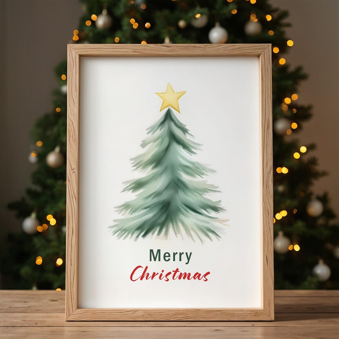 Watercolor Christmas Tree with Glowing Golden Star Minimalist Poster - Image 5