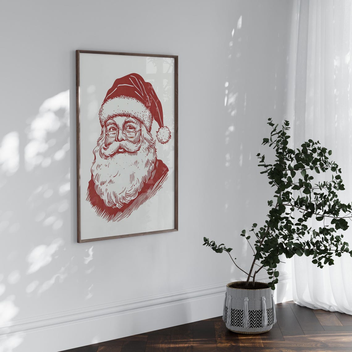 Vintage Red Line Art Santa Claus Portrait With Glasses Poster - Image 4