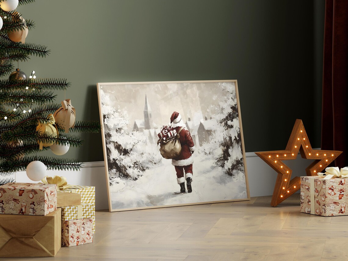 Santa Claus Carrying Gifts Into Snowy Village Winter Scene Poster - Image 7