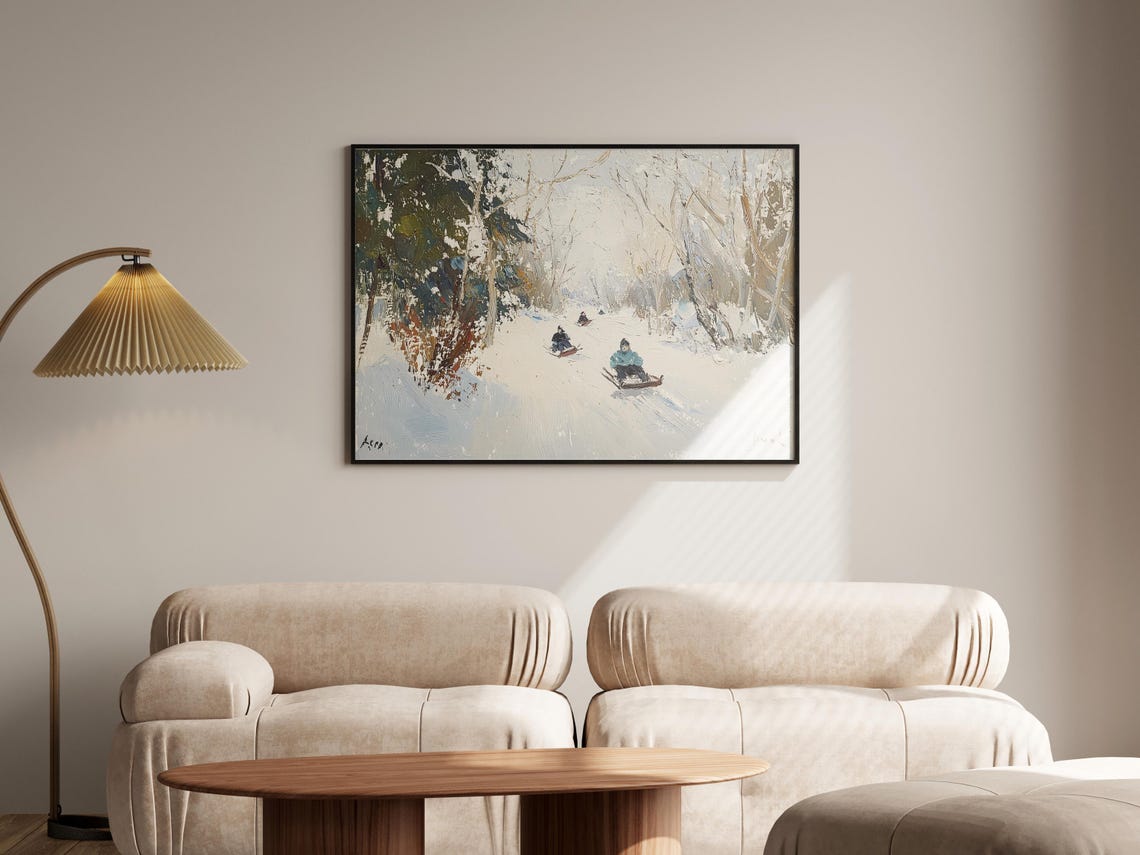 Impressionist Children Sledding Down A Snowy Hill Painting Poster - Image 6