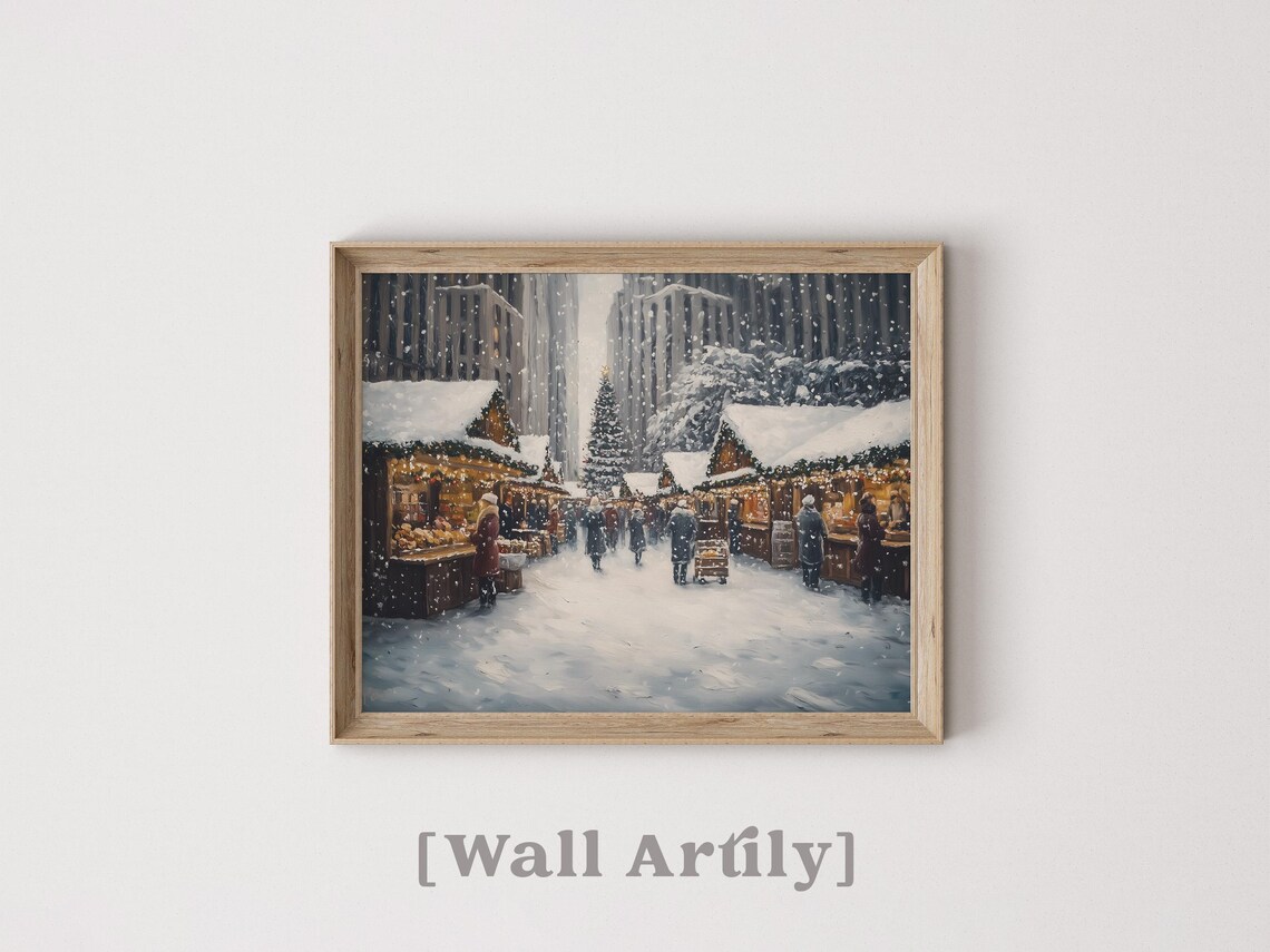 Snowy Christmas Market Street With Stalls And Shoppers Poster - Image 5