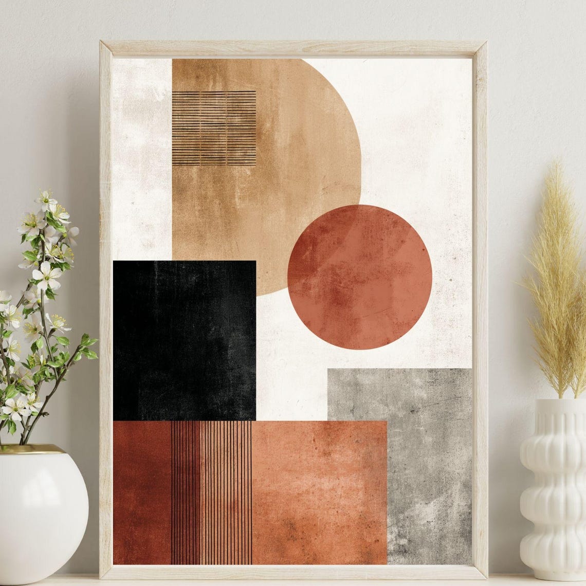 Mid Century Geometric Abstract Terracotta Black Neutral Art Poster