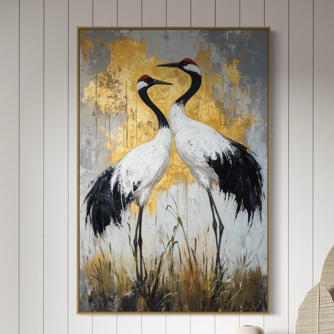 Red Crowned Cranes Gold Background Elegant Japanese Bird Art Poster