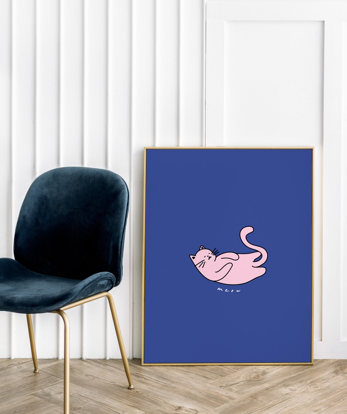Pink Cat Meow Blue Background Quirky Cute Cartoon Animal Poster - Image 2