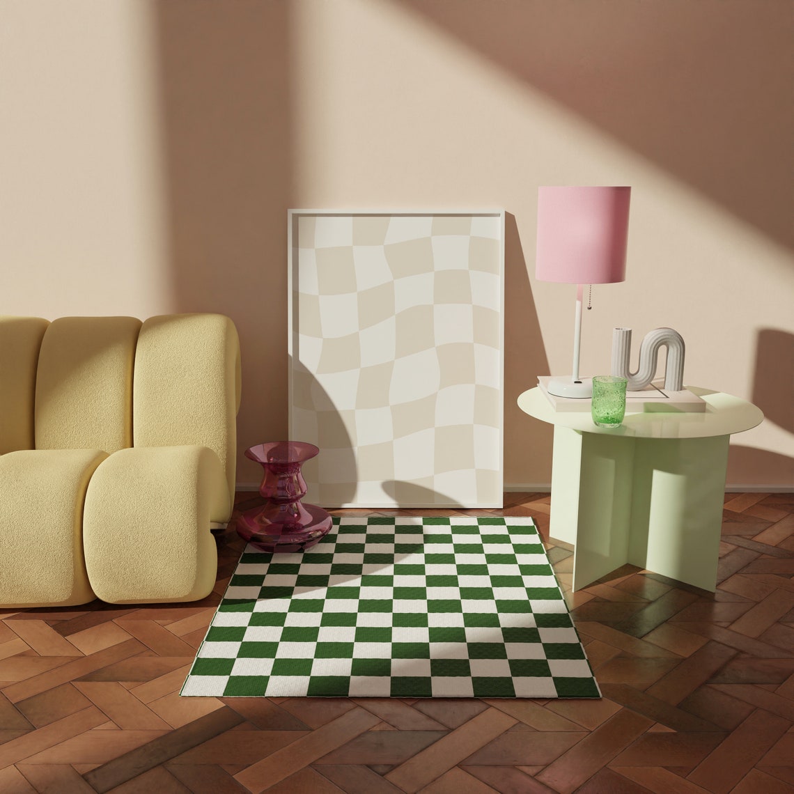 Beige White Wavy Checkerboard Pattern Modern Trendy Print Decor - Image 2