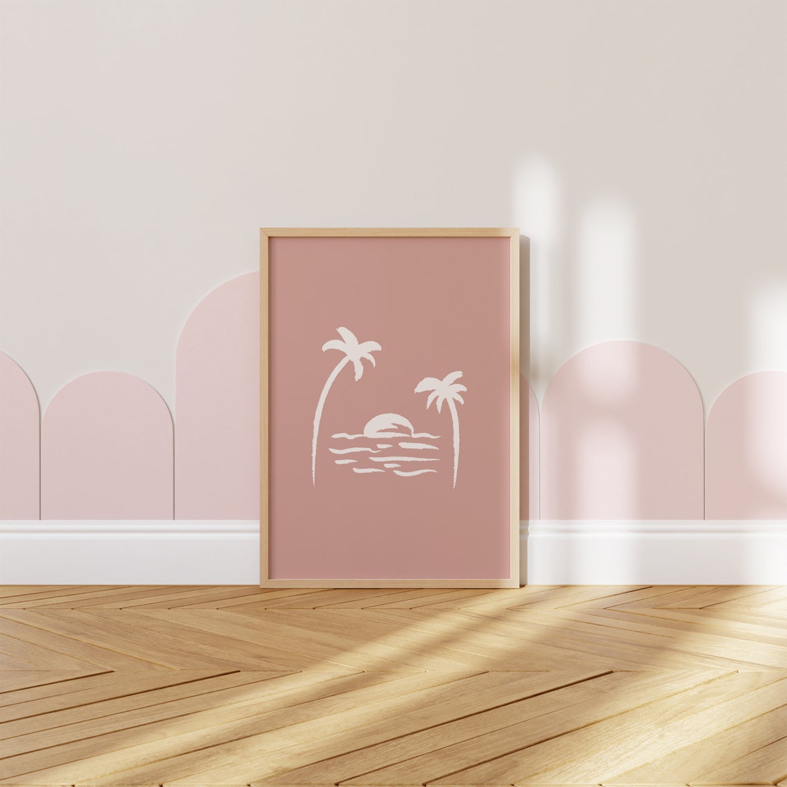 Palm Trees Sunset Ocean White Line Art Dusty Pink Beach Poster - Image 3