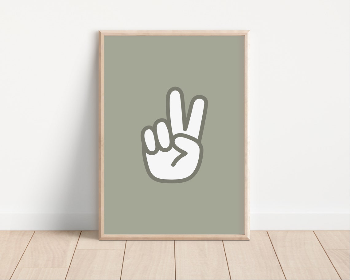 Sage Green Peace Sign Hand Graphic Retro Nursery Minimalist Poster - Image 2
