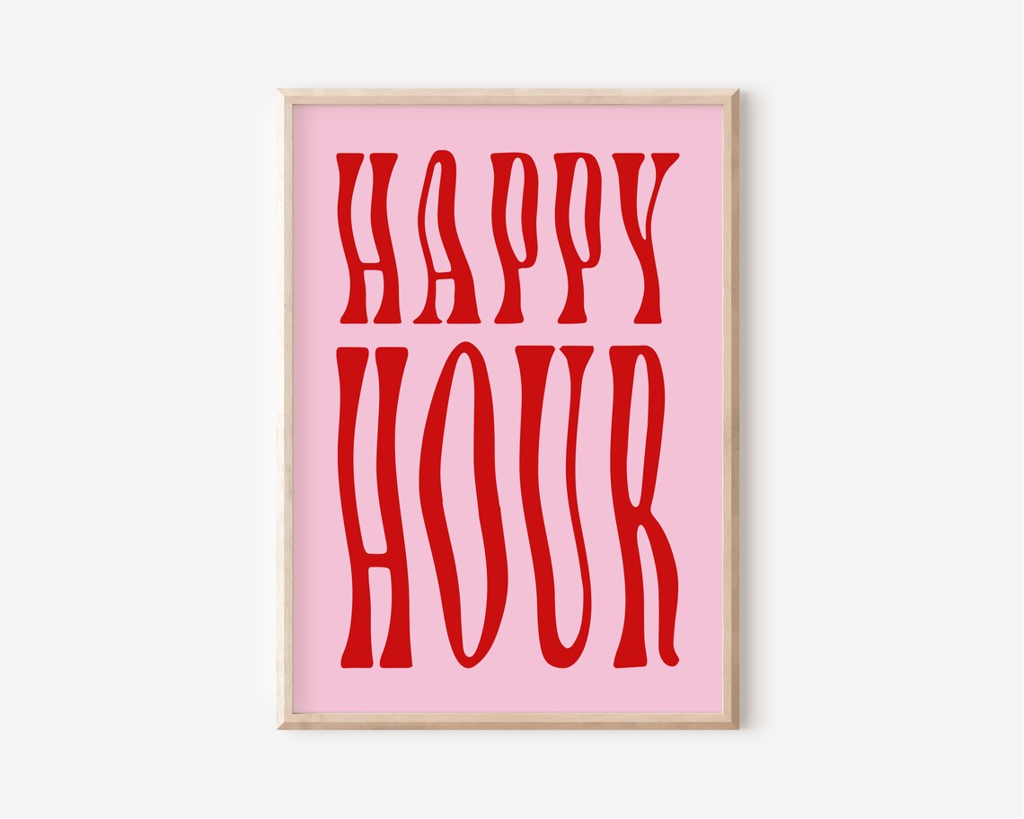 Happy Hour Red Groovy Retro Letters Pink Bar Cart Party Decor Poster - Image 3