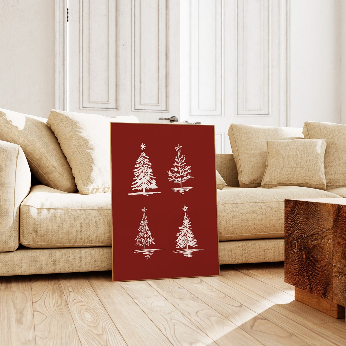 Four Christmas Trees Sketch Art Red Holiday Winter Decor Poster - Image 2