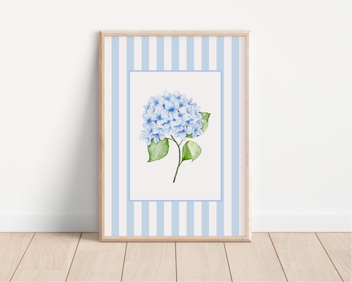 Blue Hydrangea Watercolor Bloom Blue Striped Border Coastal Flower Poster - Image 4