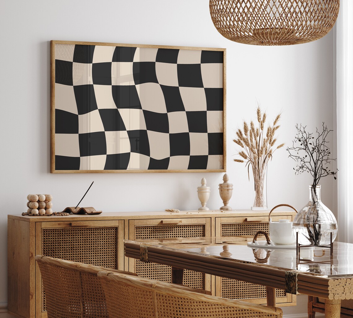 Neutral Beige Checkered Print, Checkerboard Art Print