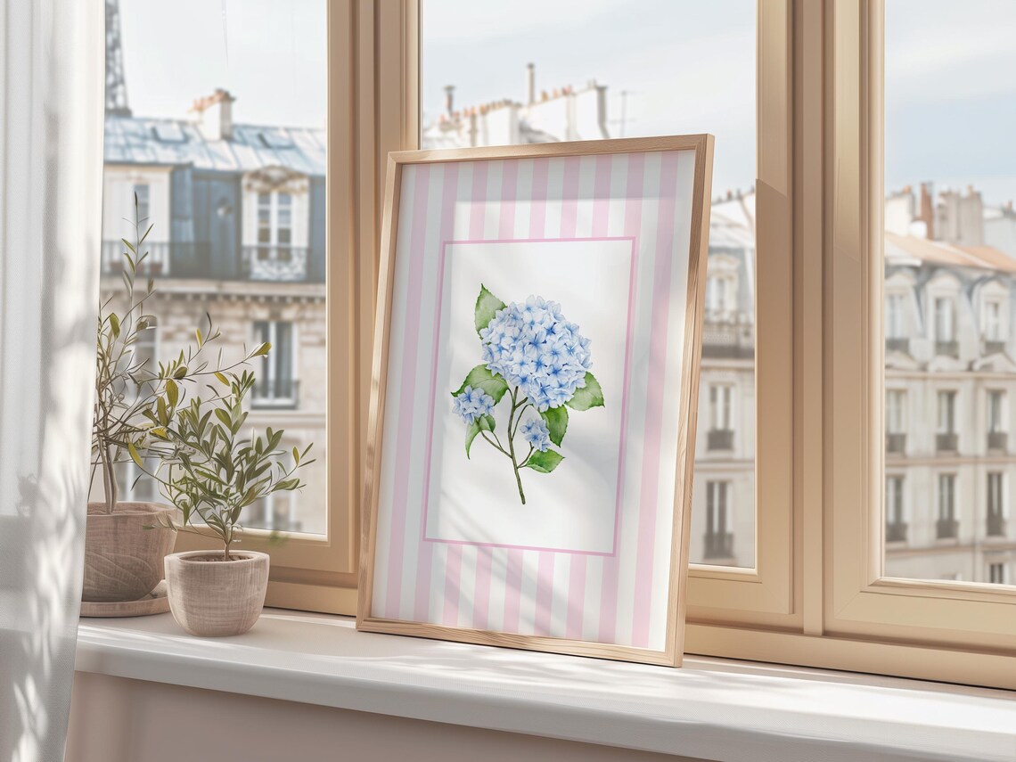 Blue Hydrangea Watercolor Pink Striped Preppy Floral Bedroom Poster - Image 4
