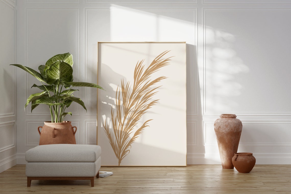 Golden Pampas Grass Stem Minimalist Botanical Neutral Decor Poster