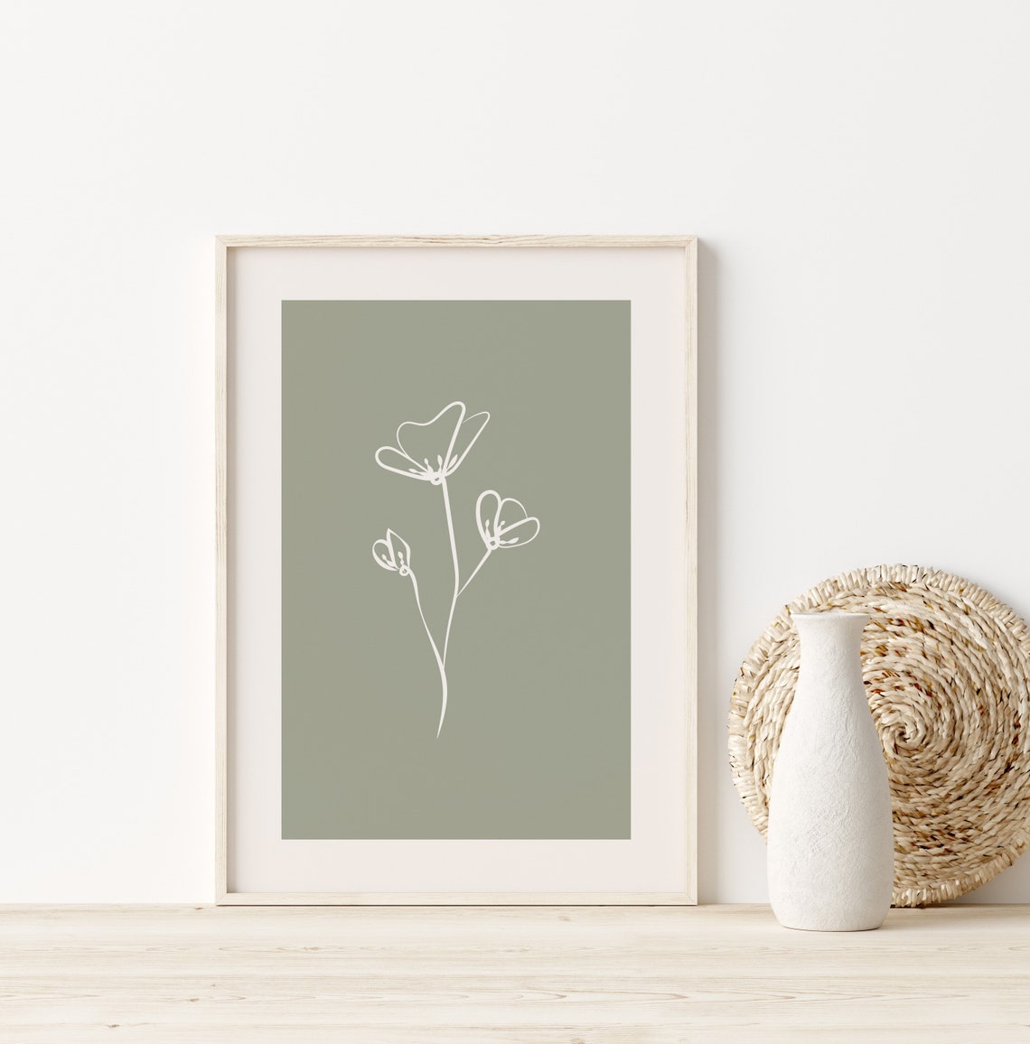 Sage Green White Flower Line Art Print For Minimalist Bedrooms - Image 2