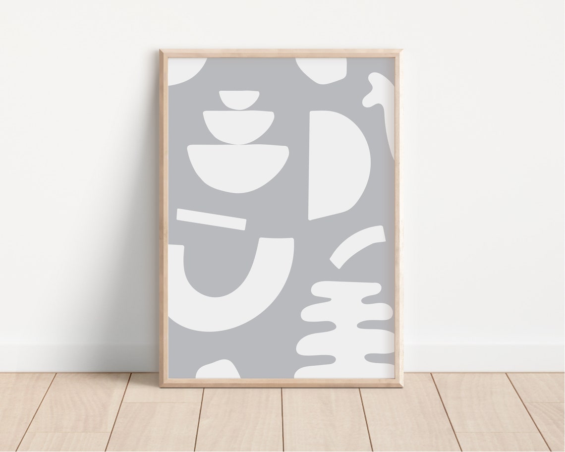 Gray Abstract White Organic Shapes Modern Minimalist Art Poster - Image 3