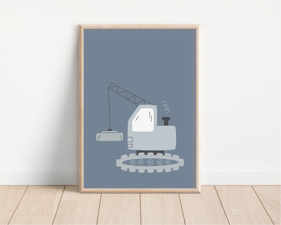 Blue Crane Truck Construction Vehicle Poster For Boys Nursery - Image 3