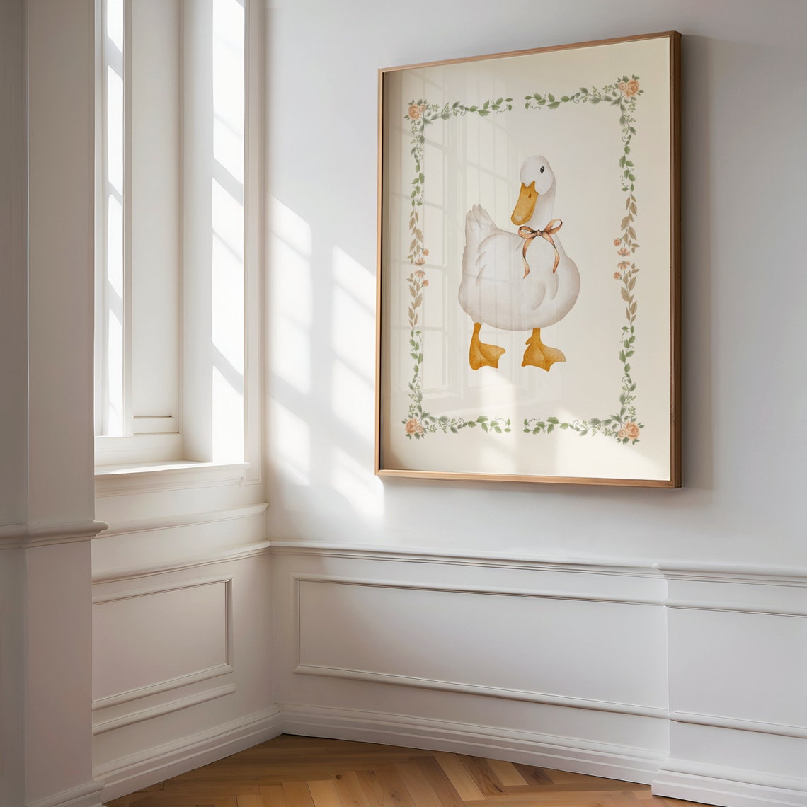 Watercolor Duck With Bow Floral Frame Nursery Print For Girls - Image 3