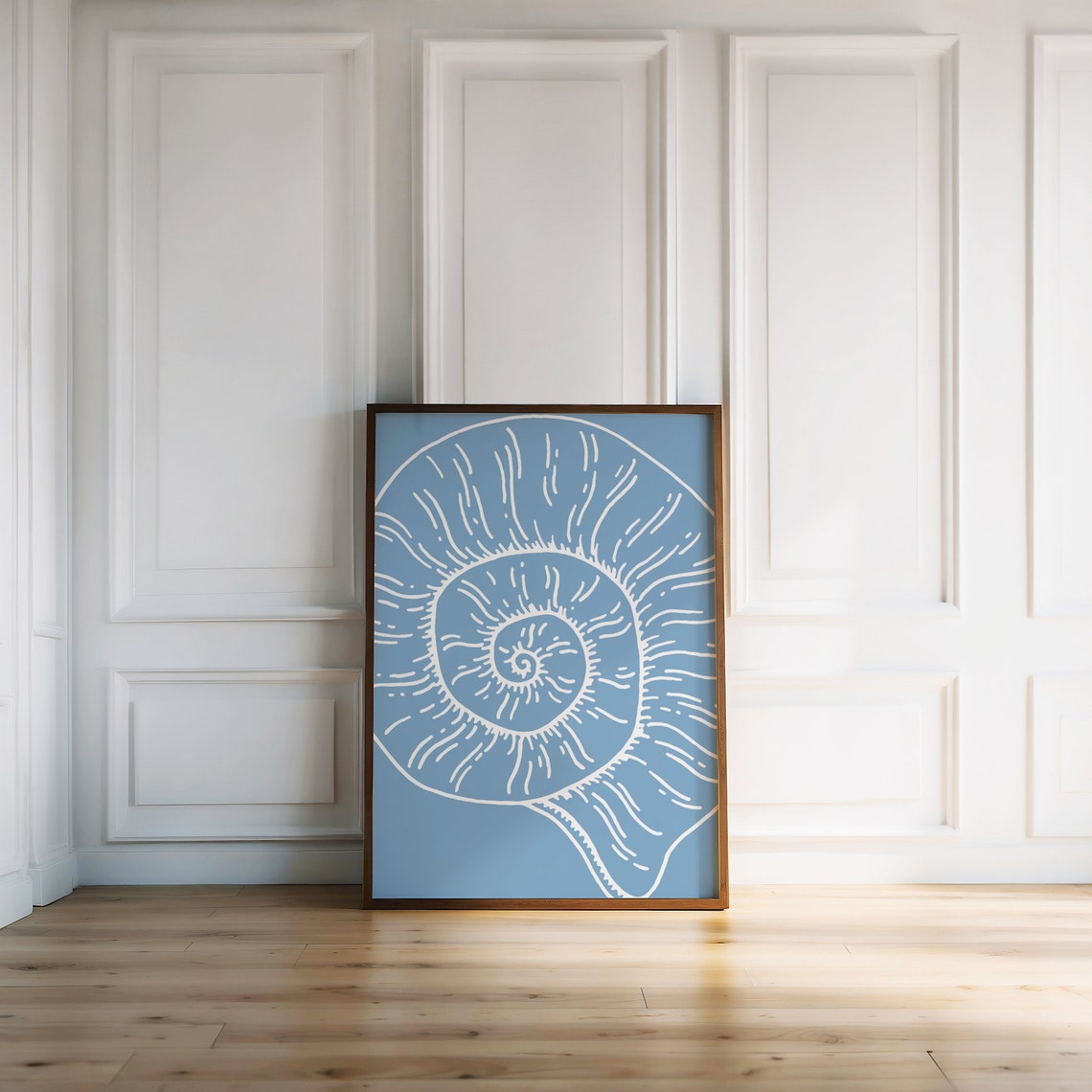White Nautilus Seashell Line Art Blue Coastal Beach House Print - Image 3