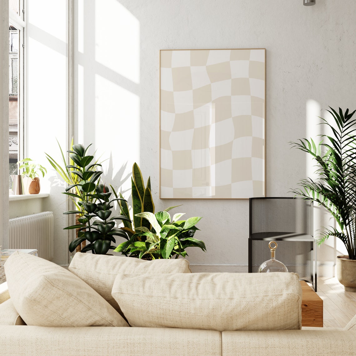 Beige White Wavy Checkerboard Pattern Modern Trendy Print Decor - Image 3