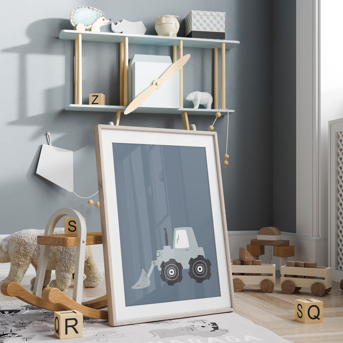 Blue Digger Excavator Construction Vehicle Poster For Kids Rooms - Image 3