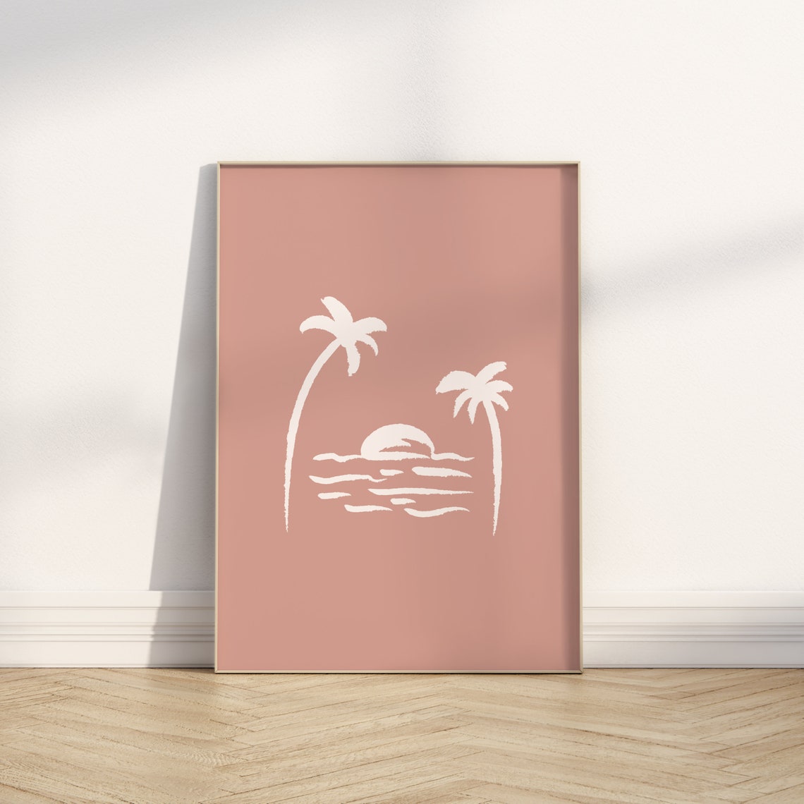 Palm Trees Sunset Ocean White Line Art Dusty Pink Beach Poster - Image 2