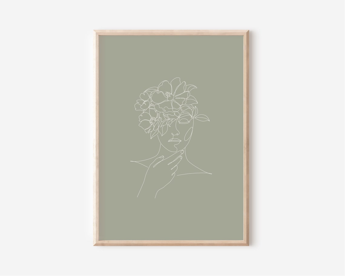 Woman Face Floral Line Art Sage Green Feminine Minimalist Poster