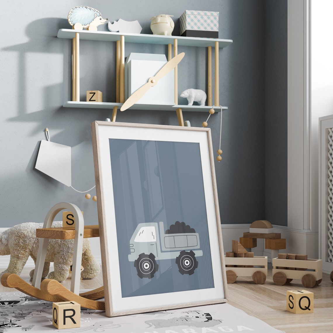Gray Blue Dump Truck Nursery Kids Construction Vehicle Art Poster - Image 4