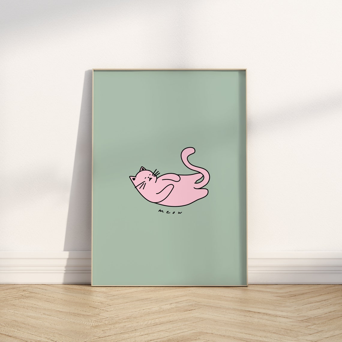 Cute Pink Cat Doodle Sage Green Quirky Cat Animal Decor Poster - Image 3