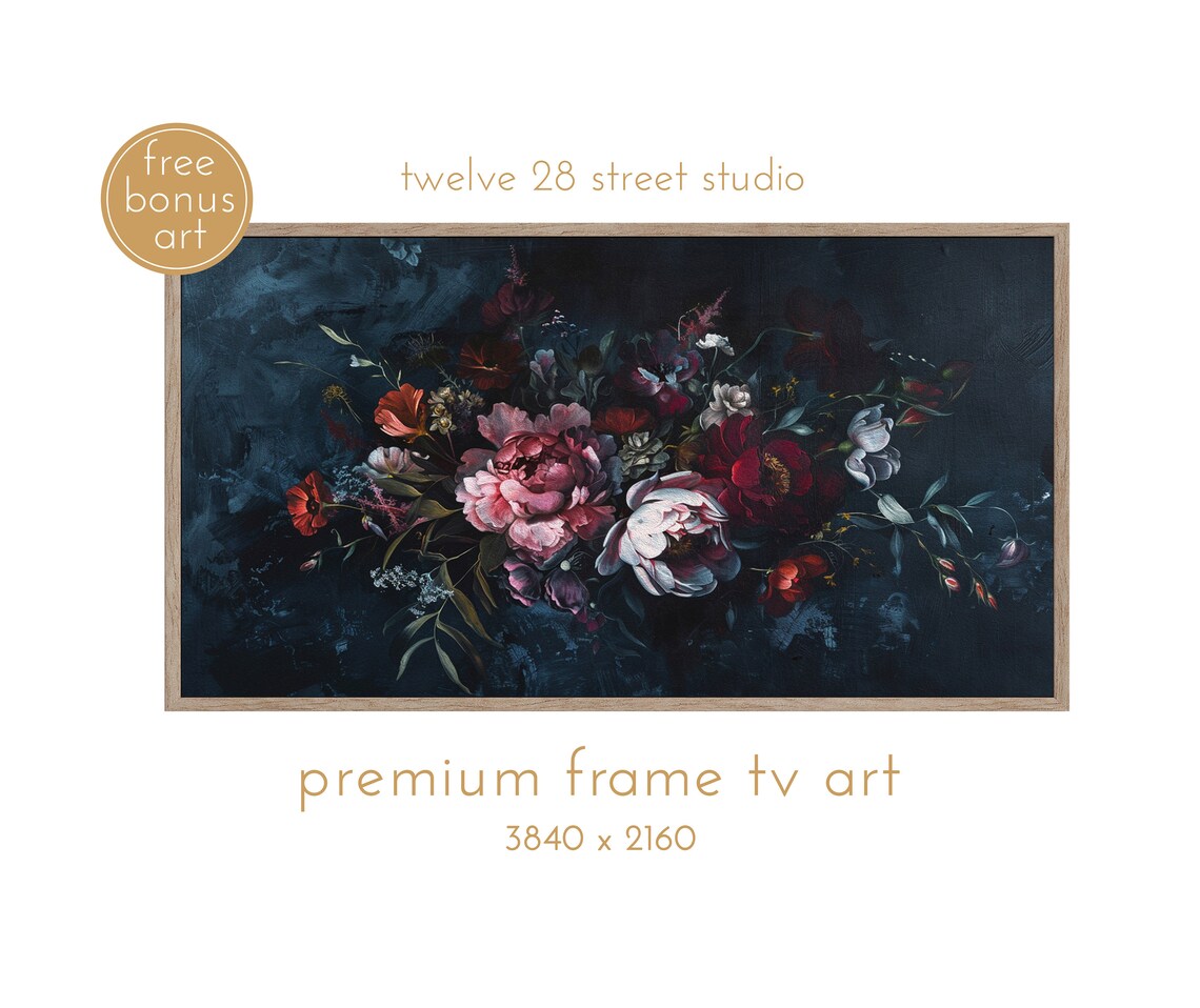 Moody Dark Floral Peonies Roses Bouquet Vintage Frame TV Decor Poster