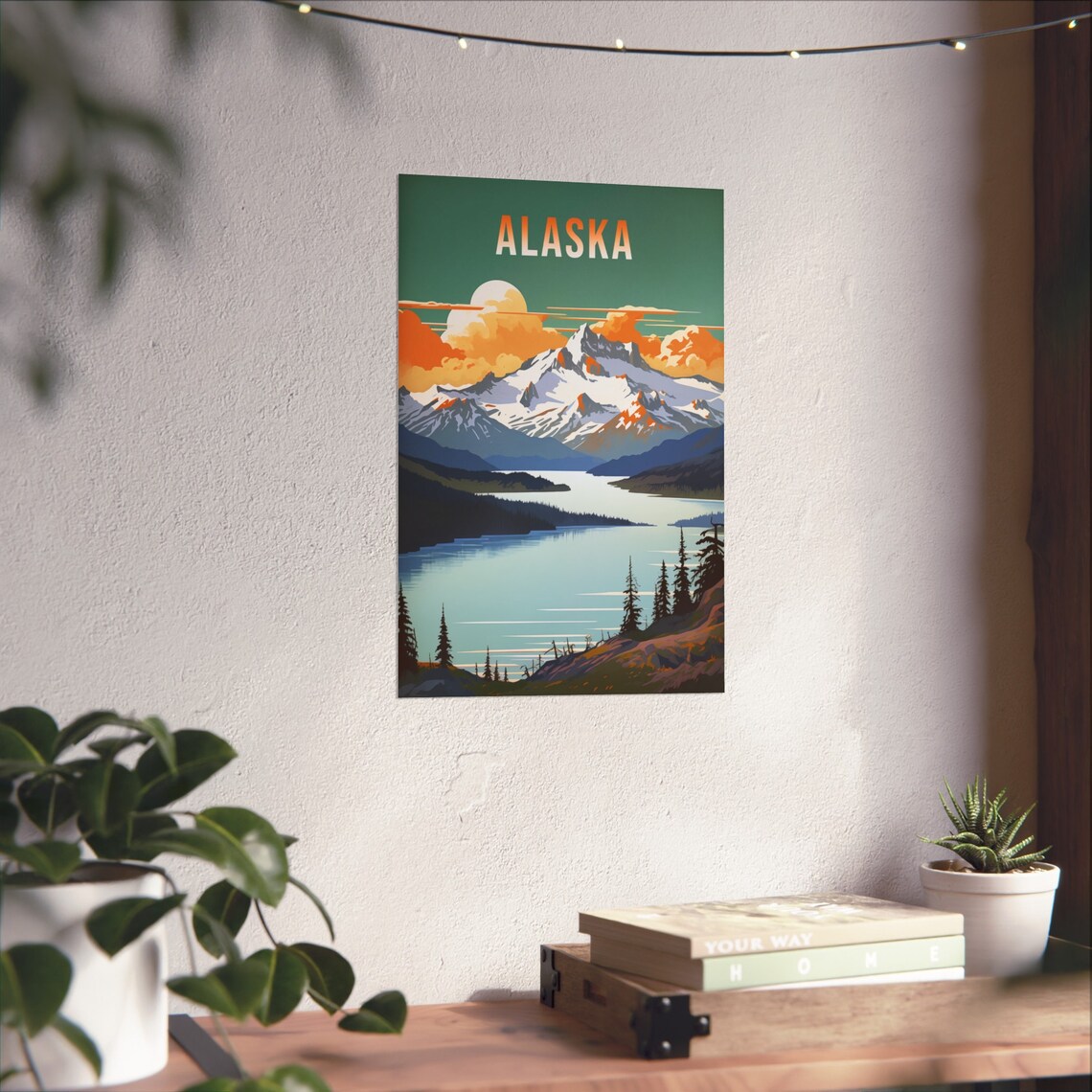 Alaska Snowy Mountain Lake Sunset Retro Landscape Art Poster - Image 2