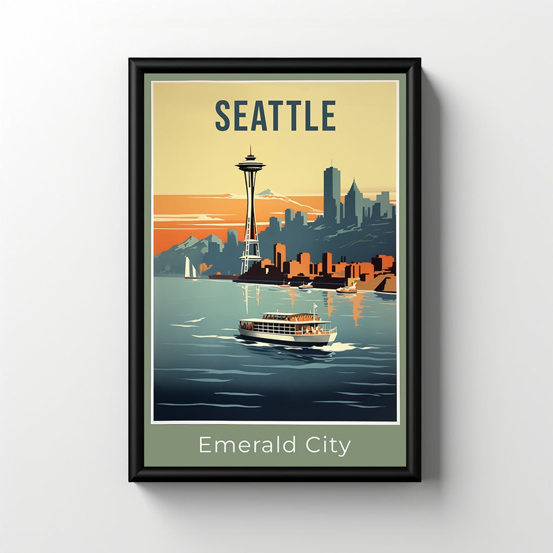 Seattle Emerald City Space Needle Ferry Sunset Retro Travel Poster