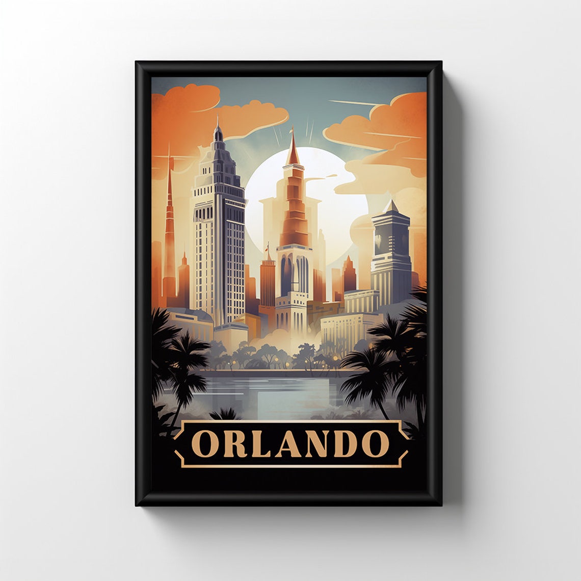 Orlando Florida City Skyline at Dusk Palms Lake Retro Art Poster