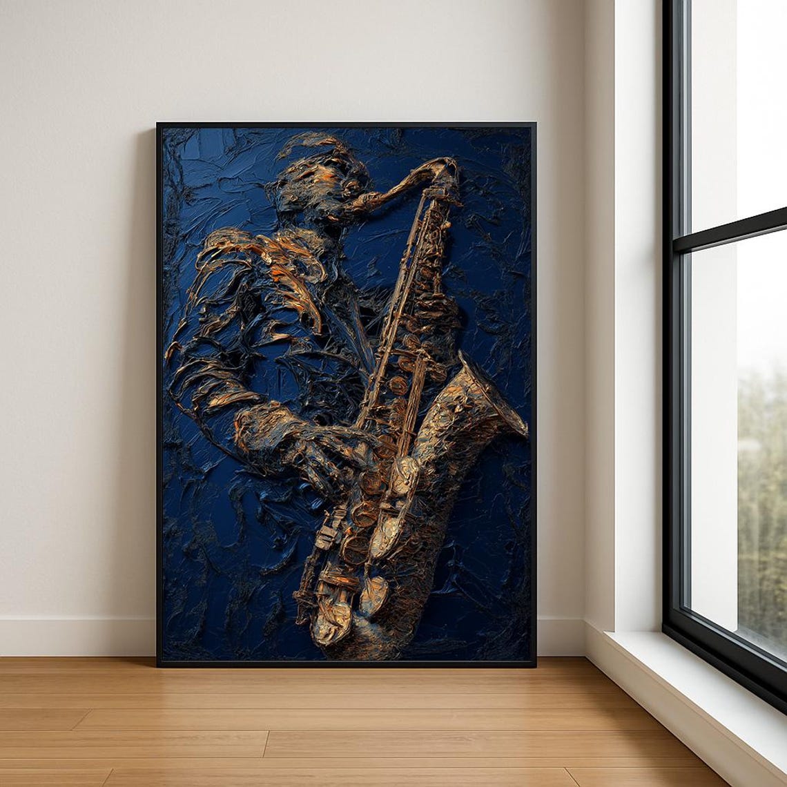 Bronze Saxophonist Blue Impasto Oil Painting Jazz Music Poster
