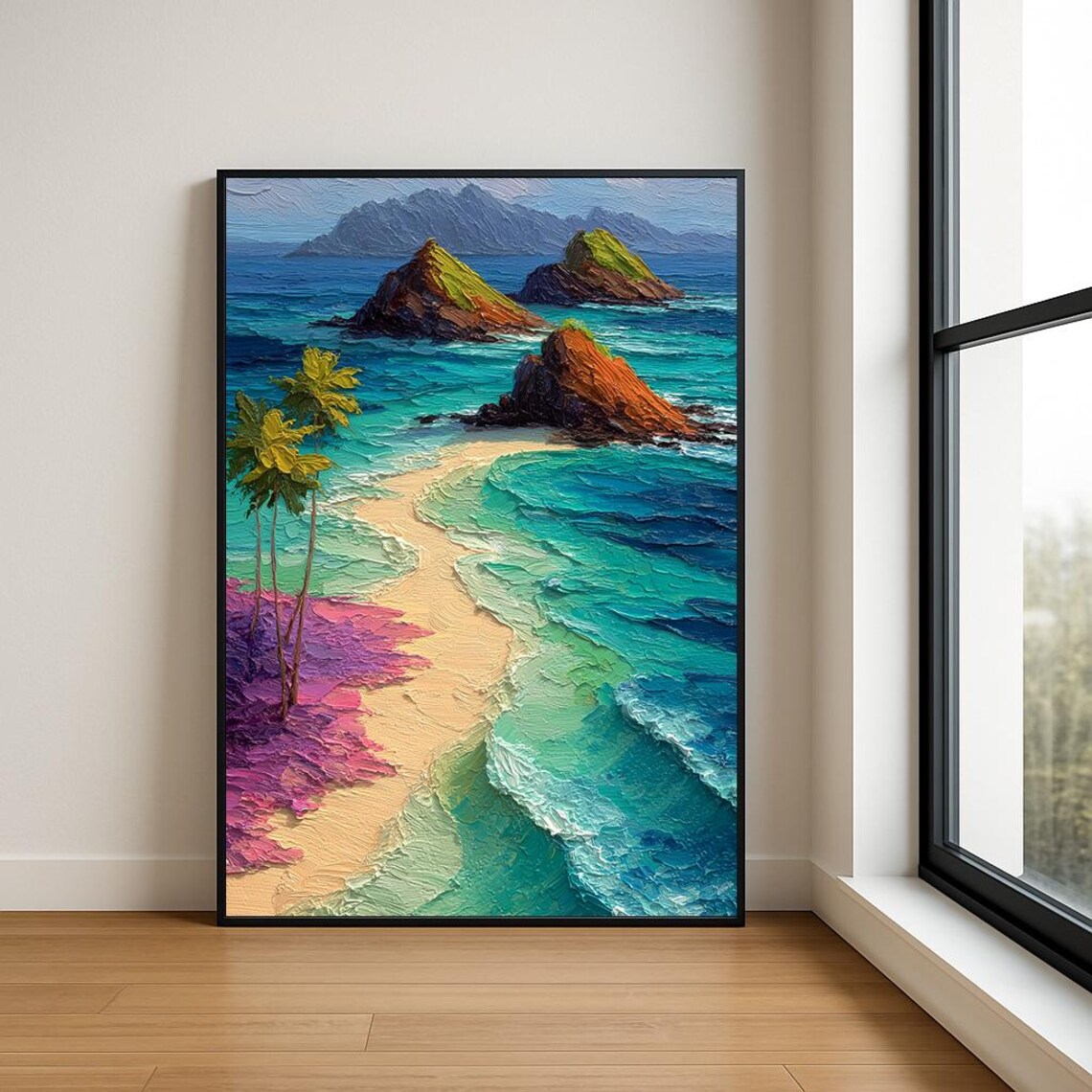 Tropical Rocky Islets Turquoise Sea Palms Impasto Art Poster