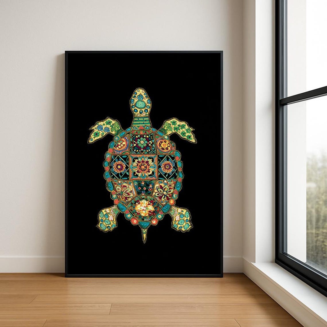Sea Turtle Mosaic Floral Tile Boho Turquoise Ocean Life Poster
