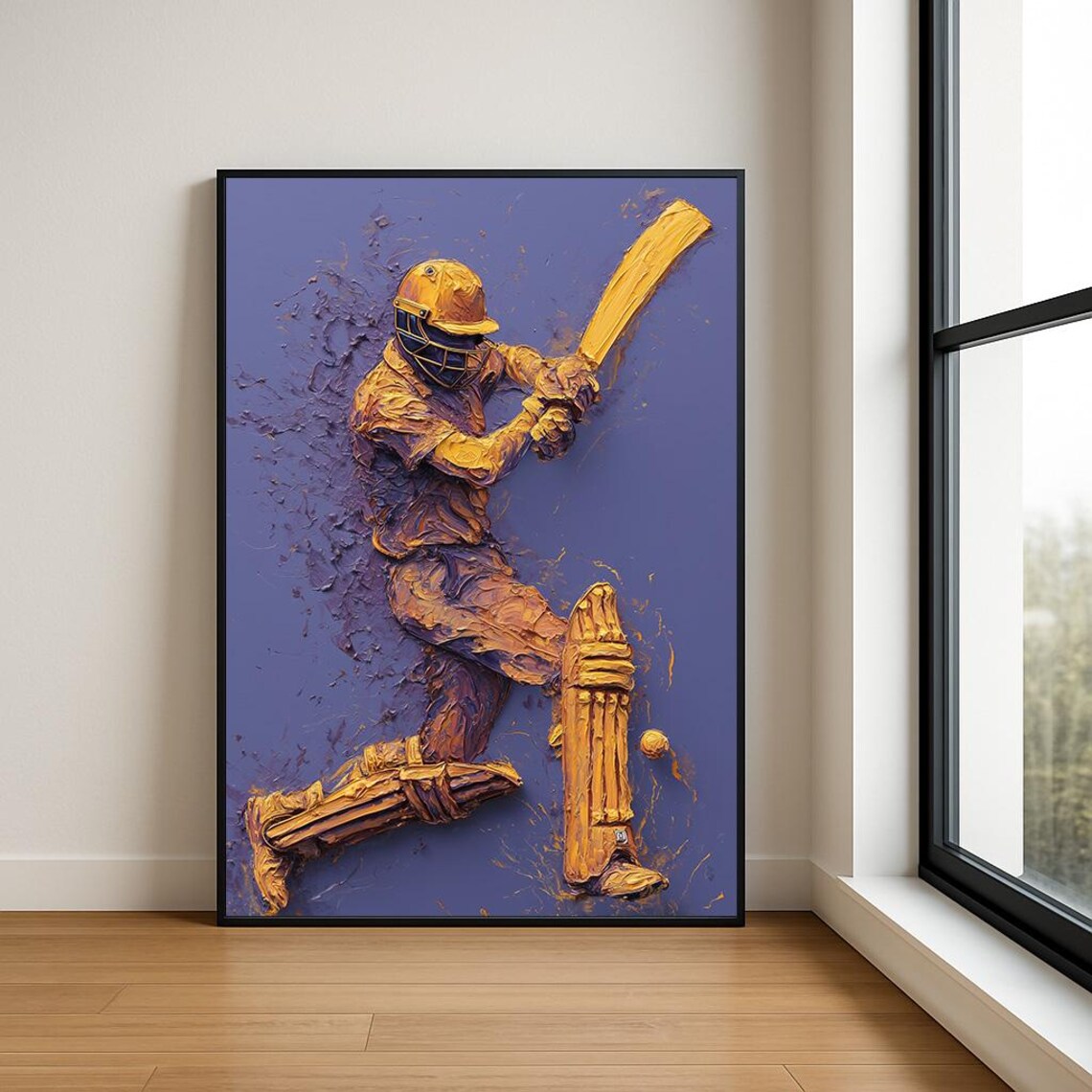 Cricket Batsman Gold Purple Impasto Sports Oil Painting Poster