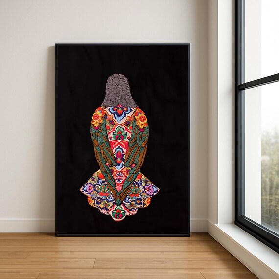 Colourful Embroidered Animal Wall Art Boho Illustration Print Vibrant Textile Style Home Decor