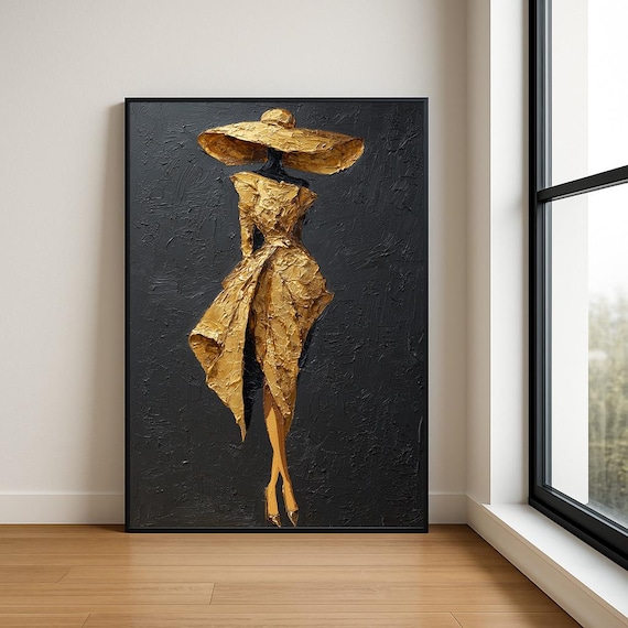Gold Dress Wide Hat Black Ground Fashion Figure Glam Style Poster