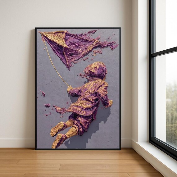 Boy Flying a Kite in Purple and Gold Impasto Oil Style Art Poster