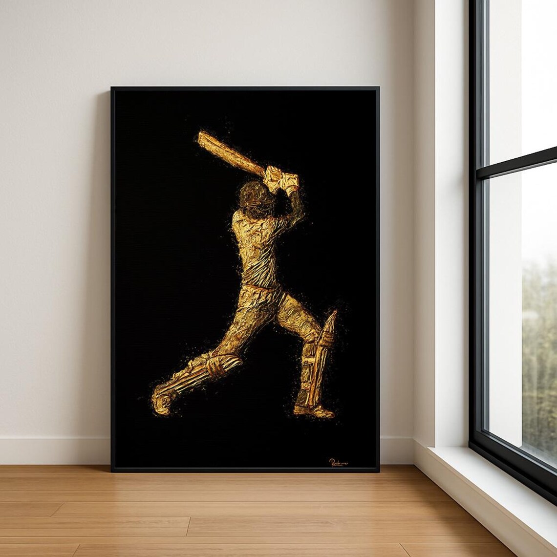 Cricket Batsman Gold Silhouette Black Sports Painting Poster