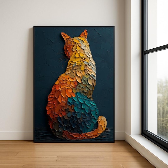 Colorful Cat from Behind Textured Impasto Palette Knife Art Poster