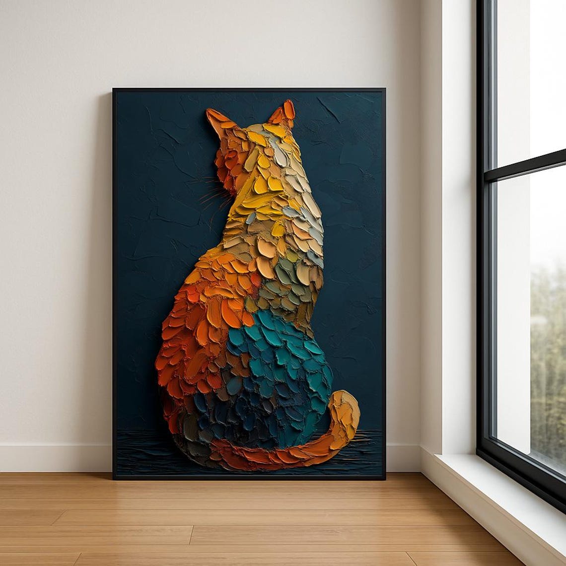 Colorful Cat from Behind Textured Impasto Palette Knife Art Poster