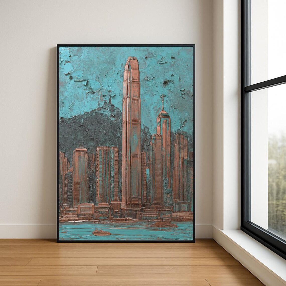 Hong Kong Skyline Victoria Harbour Copper Impasto Oil Painting Poster