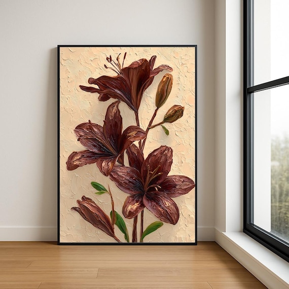 Burgundy Lily Blooms Impasto Oil Painting Cream Floral Art Poster