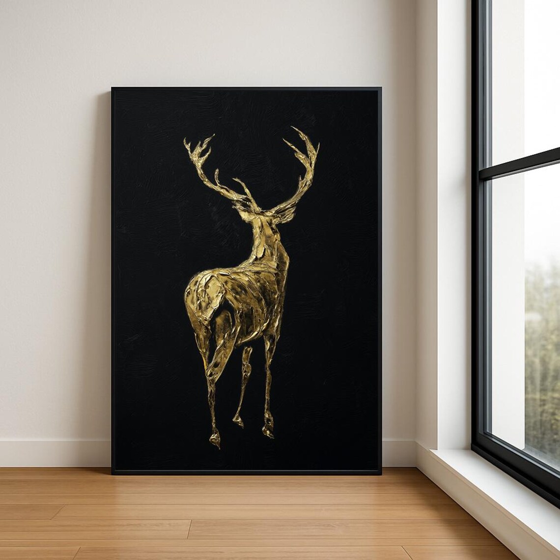 Golden Stag Antlers Impasto Oil Painting Animal Portrait Poster