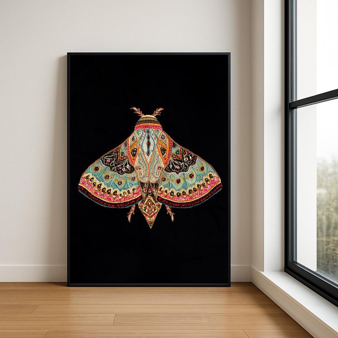 Bold Patterned Moth Folk Art with Colorful Wings on Black Poster